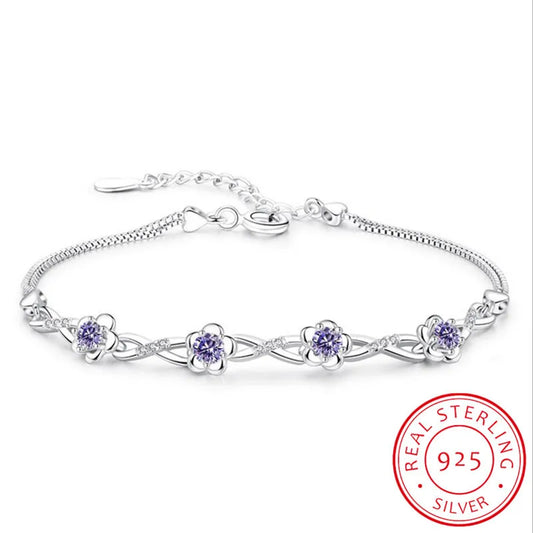 Luxuriöse Armbänder aus 925er-Sterlingsilber, violett, weißer Zirkonia, Pflaumenblüten-Armbänder und Armreifen für Frauen, Pulseira de Prata S-B51