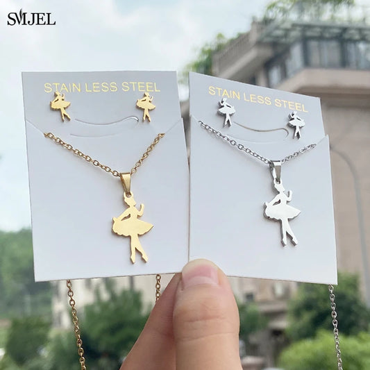 Tanzen Ballett Frauen Mädchen Ohrring Mode Ballerina Halsketten Gold Farbe Edelstahl Schmuck Set Zubehör Club Sport Geschenk