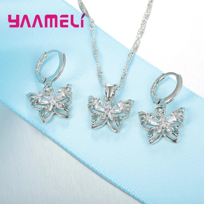 Neue Mode YAAMELI Schmuck Sets Glänzende Klare Österreichischen Kristall Intarsien Schmetterling Hochzeit Anhänger Halskette Ohrringe