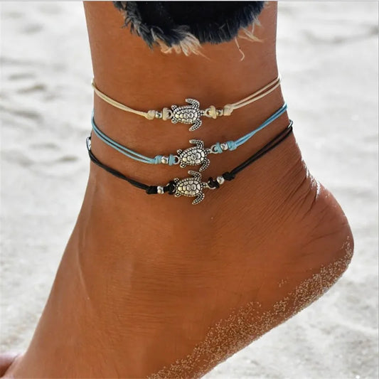 ZRM Mode Vintage Meeresschildkröte Fußkettchen Armband Dual-Use 3 Farben handgemachte Fußkettchen Strand Leder Seil Fußkettchen Schmuck