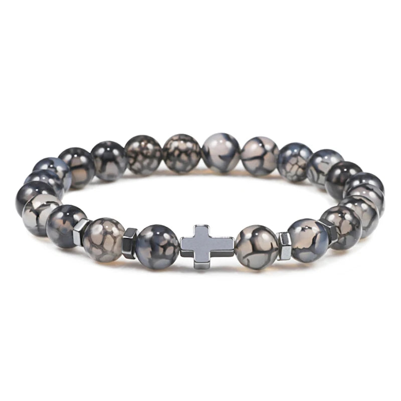 Gebet Männer Naturstein Holz Perlen Rosenkranz Hämatit Kreuz Armbänder Onyx Meditation Armband Frauen Yoga Schmuck Homme Pulsera