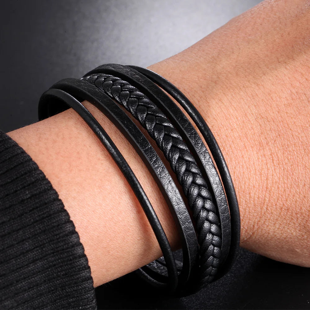 Fünf-runden männer leder armband männer schwarz braun edelstahl unendliche charme echt leder armband mode schmuck