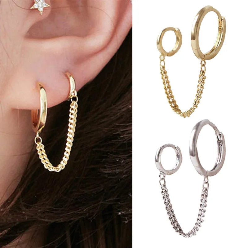 1PCS Koreanische Edelstahl Ohrringe Doppel Runde Mode Quaste Retro Lange Kette Hoop Metall Ohrringe Schmuck Großhandel