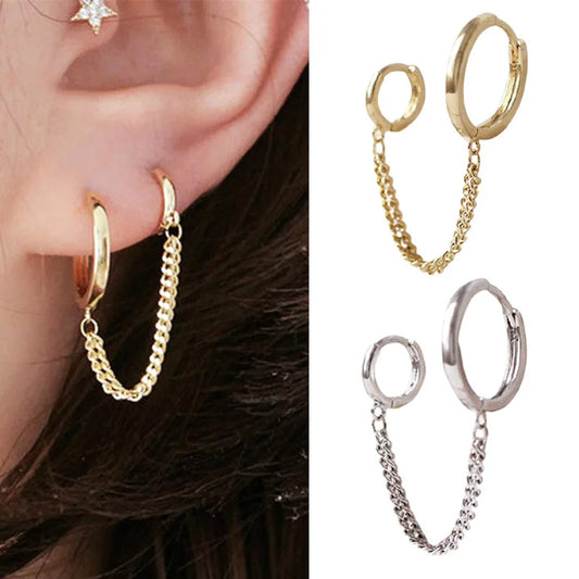 1PCS Koreanische Edelstahl Ohrringe Doppel Runde Mode Quaste Retro Lange Kette Hoop Metall Ohrringe Schmuck Großhandel