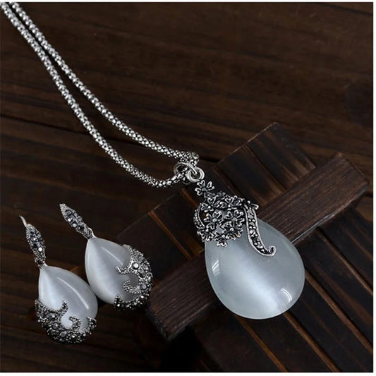 Vintage Elegante 925 Sterling Silber Farbe Mode Opal Wasser Tropfen Anhänger Lange Schlange Halsketten Ohrringe Frauen Schmuck Sets