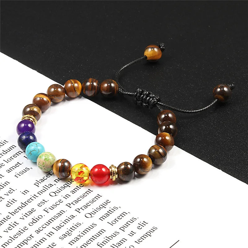 2 Stücke Naturstein 7 Chakra Heilung Perlen Einstellbare Geflochtene Armbänder Männer 8mm Lava Stretch-armband Frauen Reiki Buddha Schmuck