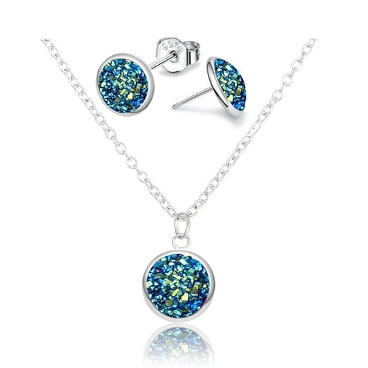 Mode Drusy Runde Anhänger Halskette Ohrringe Schmuck Sets für Frauen Anti allergie Bling Stud Ohrringe Sets Frauen Party Halskette