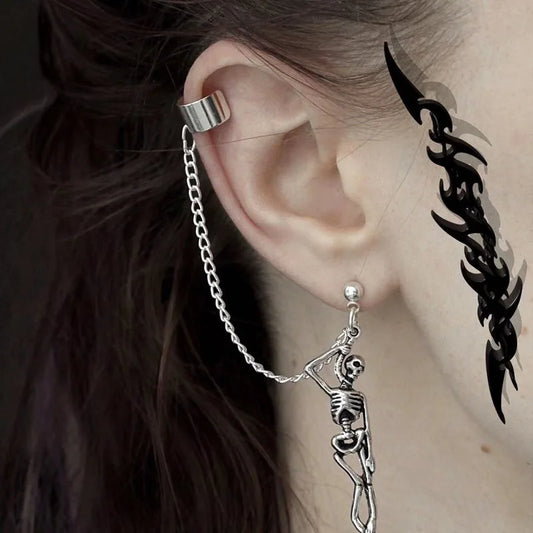 Vintage Punk Silber-Farbe Schädel Skelett Anhänger Baumeln Ohrringe Für Frauen Hip-hop Lange Kette Quaste Asymmetrie Ohr schmuck Geschenke