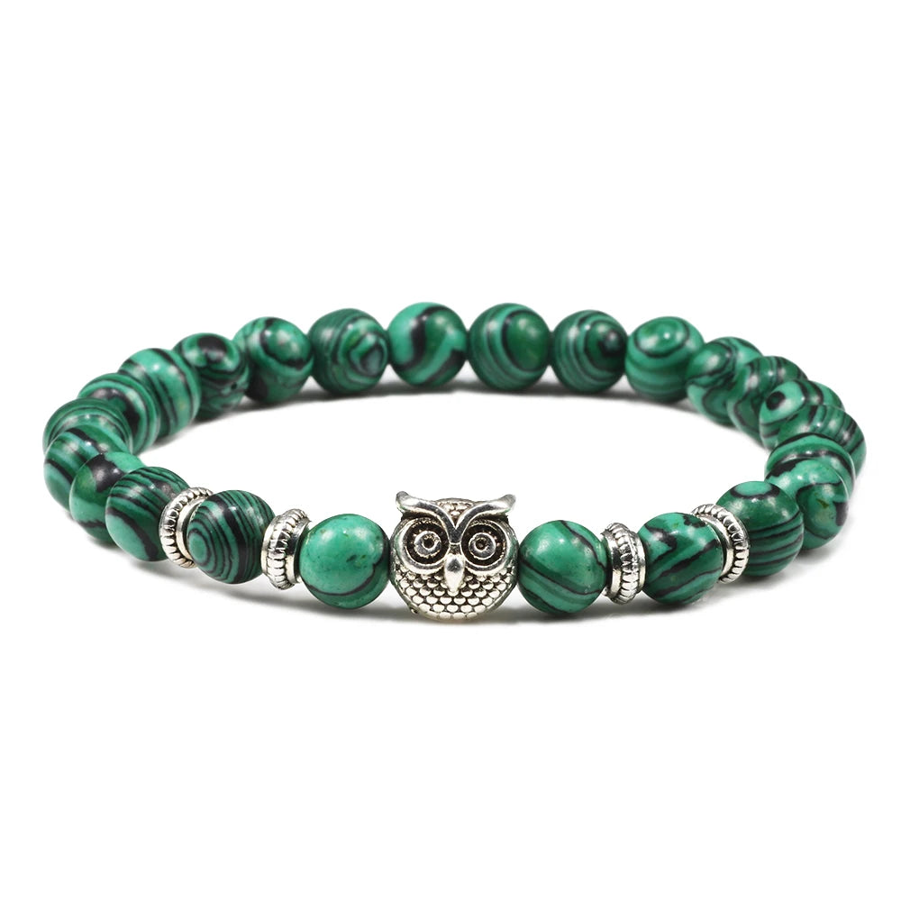 Natürliche Stein Perlen Eule Armbänder Malachit Rock Lava Armreifen Charme Strang Elastische Energie Yoga Buddha Schmuck Für Frauen Männer