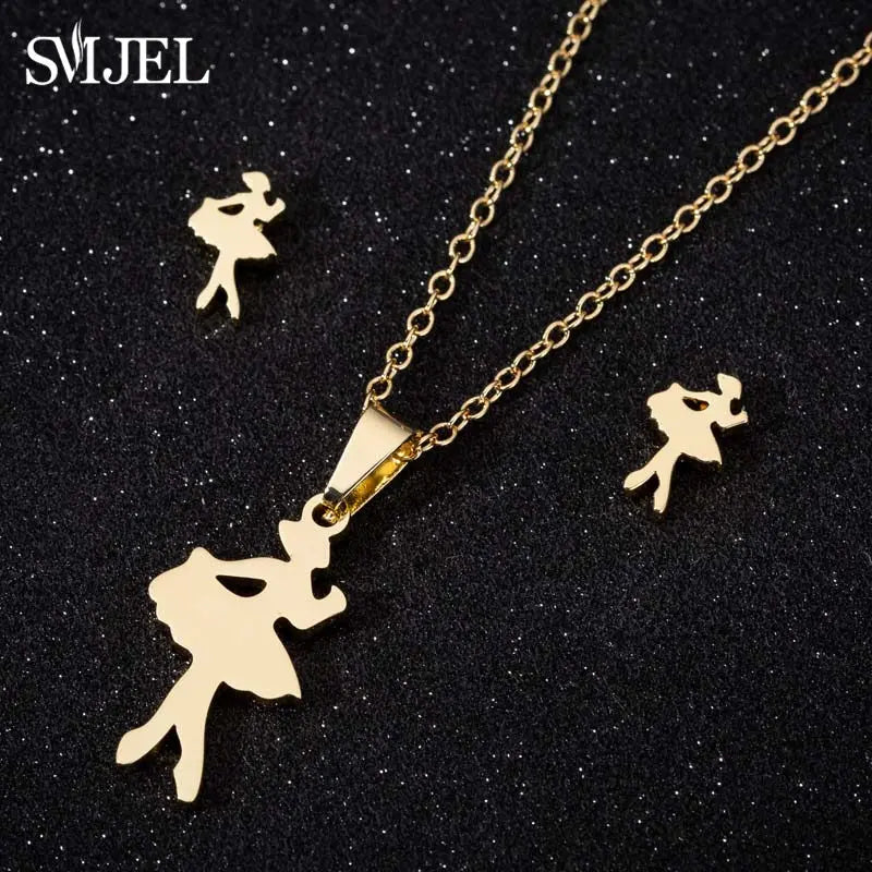 Tanzen Ballett Frauen Mädchen Ohrring Mode Ballerina Halsketten Gold Farbe Edelstahl Schmuck Set Zubehör Club Sport Geschenk