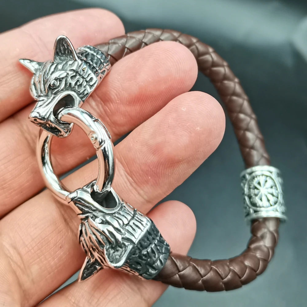Dropshipping 1 stücke rune perle Wolf Kopf leder Armband Edelstahl viking Armband armreif für Männer schmuck