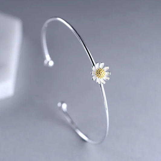 Buyee Armreif mit Blumen aus 925er-Sterlingsilber, Chrysantheme, Gänseblümchen, verstellbar, offen, hypoallergen, feiner Schmuck für Damen, modisches Geschenk
