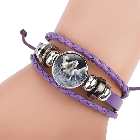 Neue Stil Multi-Farbe Leder Cartoon Pferd Muster Handgemachte Perlen Gewebt Armband Lila Multi-Schicht Pferd Armband