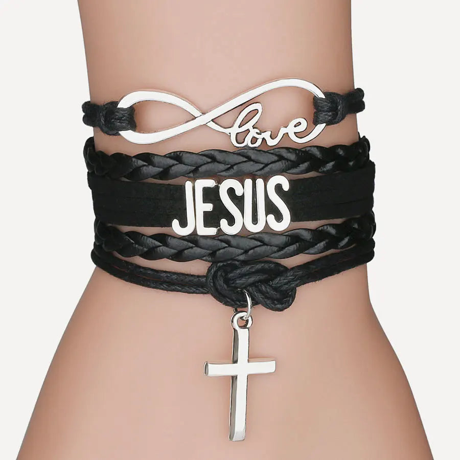 Mehrschichtiges Lederarmband „Jesus Loves Letter“, mehrschichtiges Wickelkreuz, christliche Lederarmbänder für Männer und Frauen, klassischer Schmuck