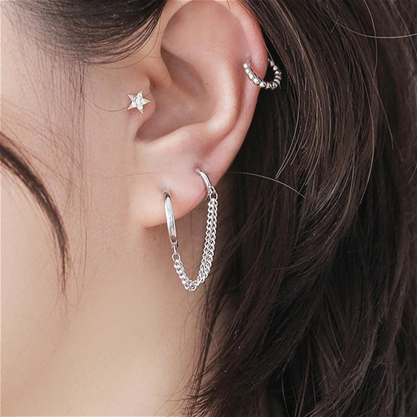 1PCS Koreanische Edelstahl Ohrringe Doppel Runde Mode Quaste Retro Lange Kette Hoop Metall Ohrringe Schmuck Großhandel