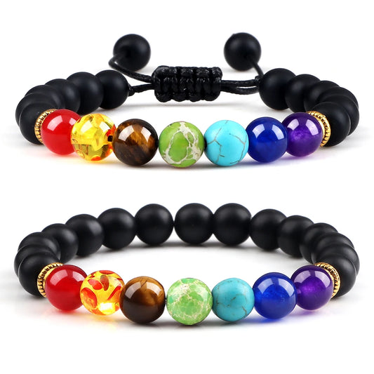 2 Stücke Naturstein 7 Chakra Heilung Perlen Einstellbare Geflochtene Armbänder Männer 8mm Lava Stretch-armband Frauen Reiki Buddha Schmuck