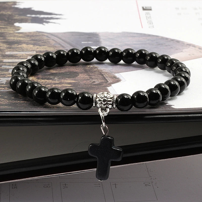 Gebetsarmband, 6 mm, Onyx, Natursteinperlen, Religion, Jesus, Kreuz, Anhänger, Armbänder, Armreifen für Männer und Frauen, Yoga, Freundschaftsschmuck