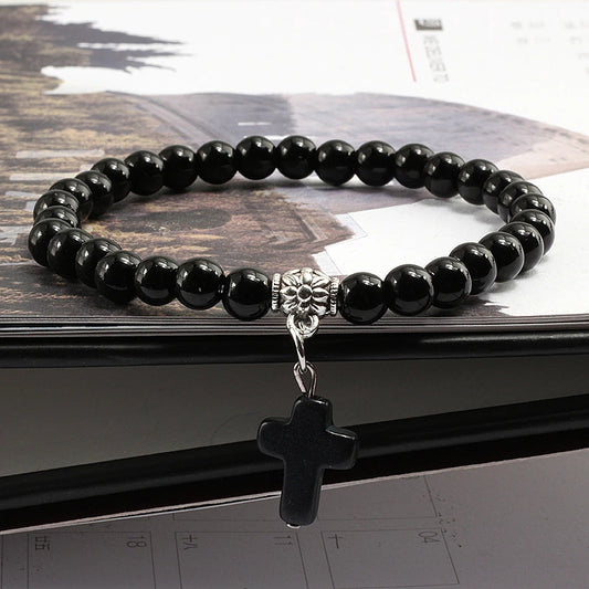 Gebetsarmband, 6 mm, Onyx, Natursteinperlen, Religion, Jesus, Kreuz, Anhänger, Armbänder, Armreifen für Männer und Frauen, Yoga, Freundschaftsschmuck