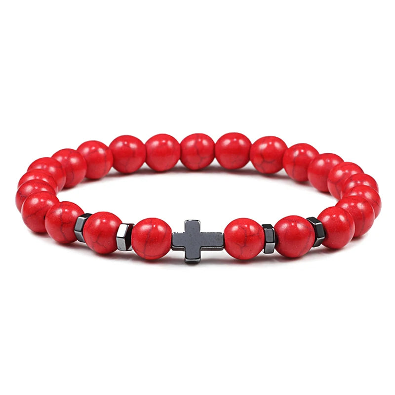 Gebet Männer Naturstein Holz Perlen Rosenkranz Hämatit Kreuz Armbänder Onyx Meditation Armband Frauen Yoga Schmuck Homme Pulsera