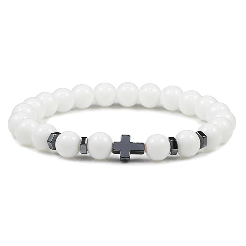 Gebet Männer Naturstein Holz Perlen Rosenkranz Hämatit Kreuz Armbänder Onyx Meditation Armband Frauen Yoga Schmuck Homme Pulsera
