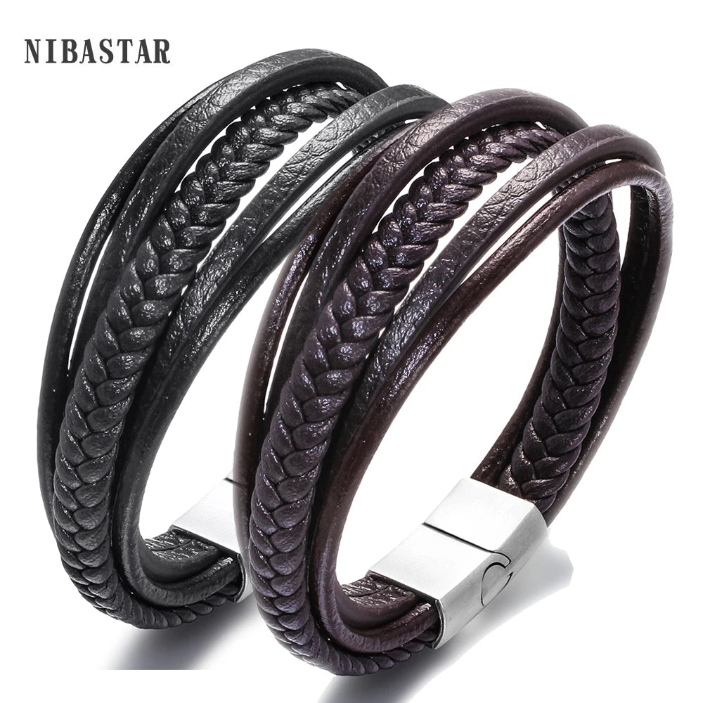 Fünf-runden männer leder armband männer schwarz braun edelstahl unendliche charme echt leder armband mode schmuck