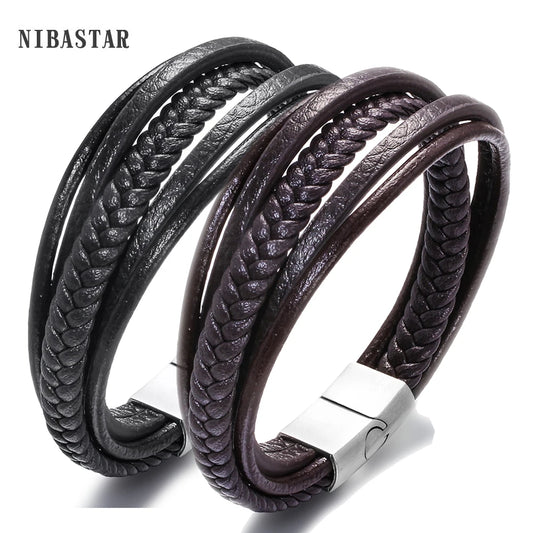 Fünf-runden männer leder armband männer schwarz braun edelstahl unendliche charme echt leder armband mode schmuck