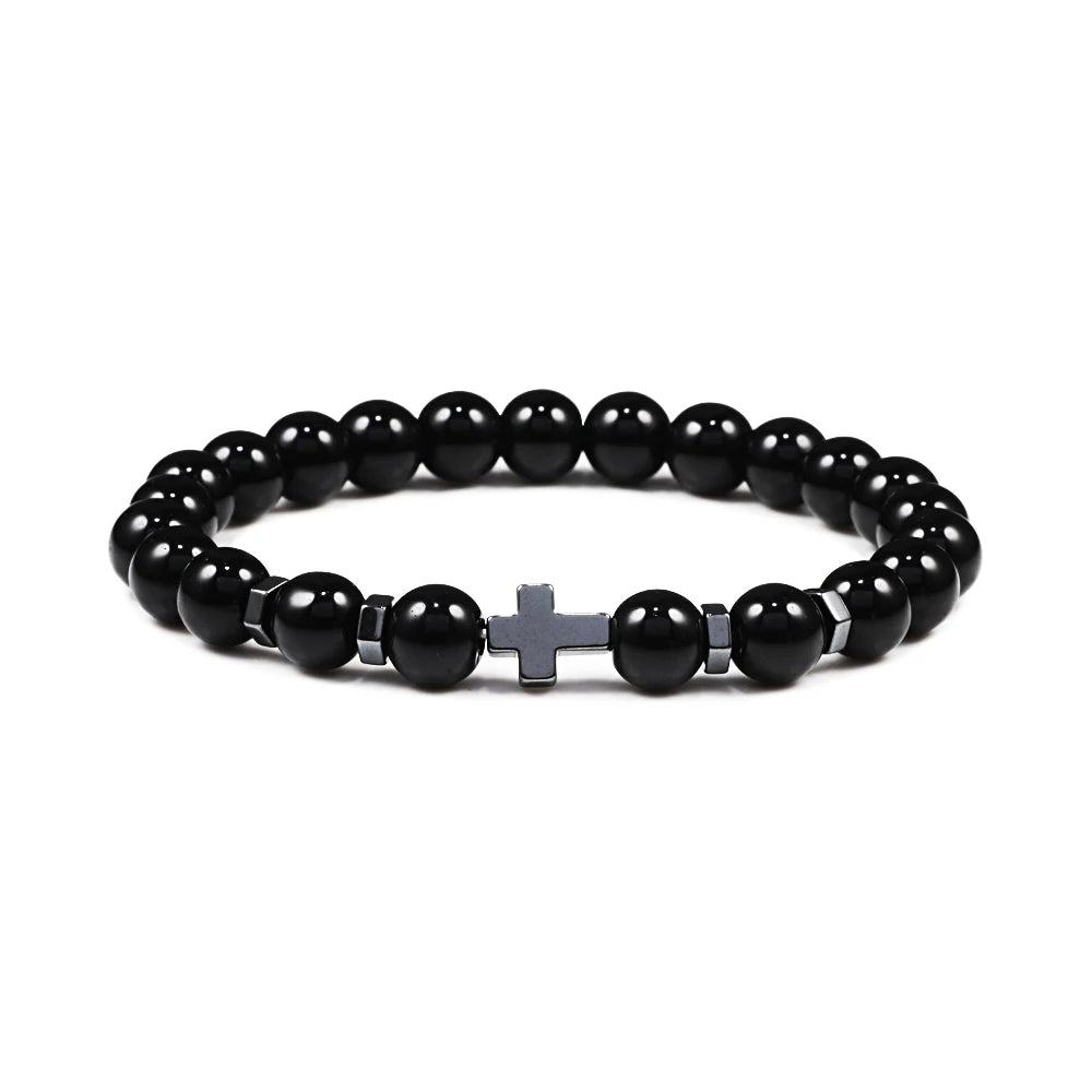 Dropshipping Heißer Männer Natürliche Lava Stein Perlen Armbänder Hämatit Kreuz Rosenkranz Meditation Gebet Jesus Armband Frauen Yoga Schmuck