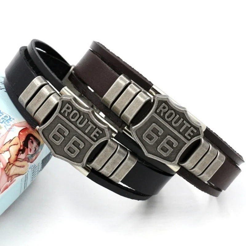 Neues trendiges amerikanisches Route 66-Armband mit bedrucktem Muster, Herrenarmband, Metall, mehrschichtiges Lederarmband, Zubehör, Party-Schmuck