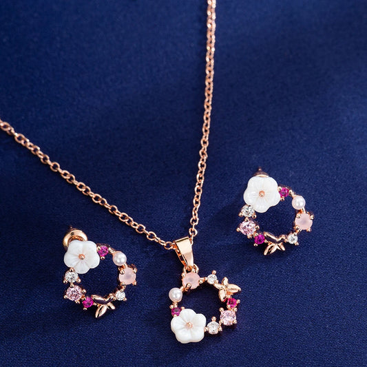 Mode Hochzeit Braut Zirkonia Schmuck Sets Für Frauen Romantische Shell Blume Halsband Elegante Perle Halsketten Ohrringe Bijoux Geschenk