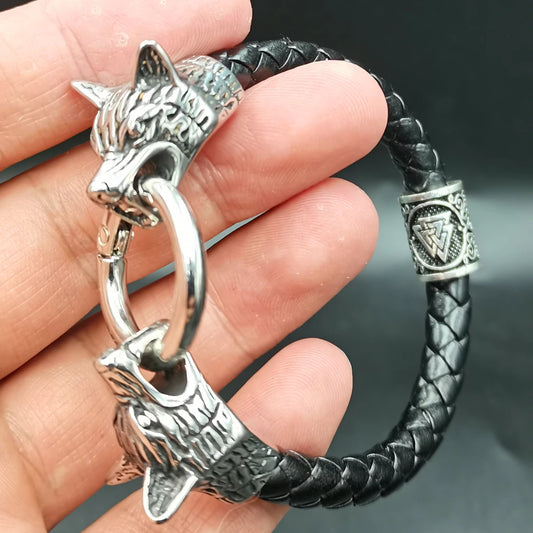Dropshipping 1 stücke rune perle Wolf Kopf leder Armband Edelstahl viking Armband armreif für Männer schmuck