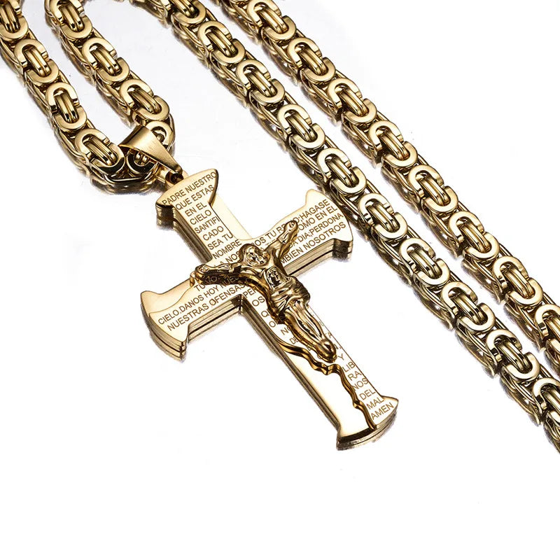 Jesus Kreuzigung Kreuz Anhänger Halskette für Männer Frauen Gold Silber Schwarz Farbe Edelstahl Byzanine Kette