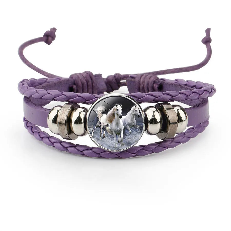 Neue Stil Multi-Farbe Leder Cartoon Pferd Muster Handgemachte Perlen Gewebt Armband Lila Multi-Schicht Pferd Armband
