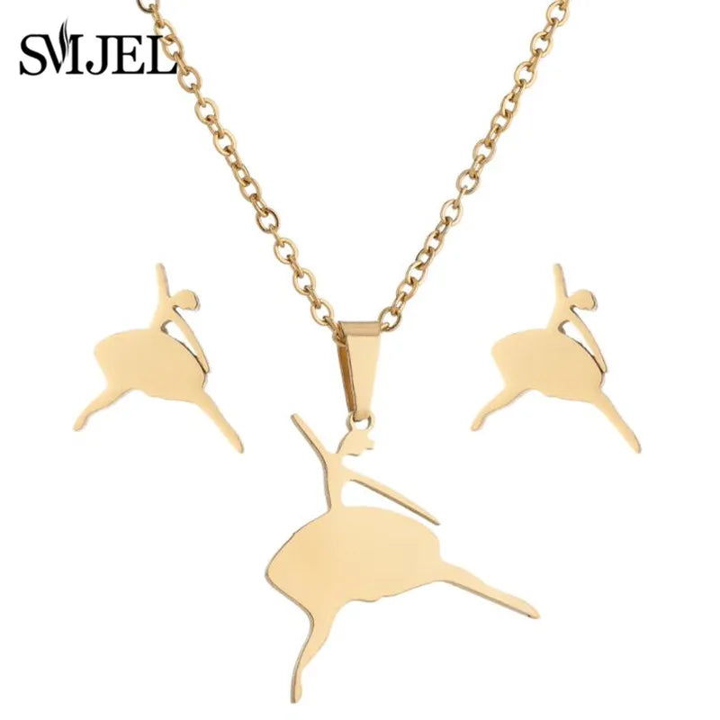 Tanzen Ballett Frauen Mädchen Ohrring Mode Ballerina Halsketten Gold Farbe Edelstahl Schmuck Set Zubehör Club Sport Geschenk