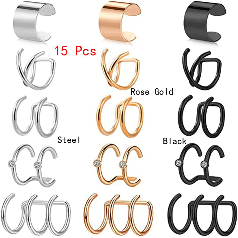 1 Stücke/15 Stücke Edelstahl Ohrstulpe Helix Knorpel Clip On Wrap Ohrringe Gefälschter Nasenring Nicht-Piercing Einstellbar Männer Frauen