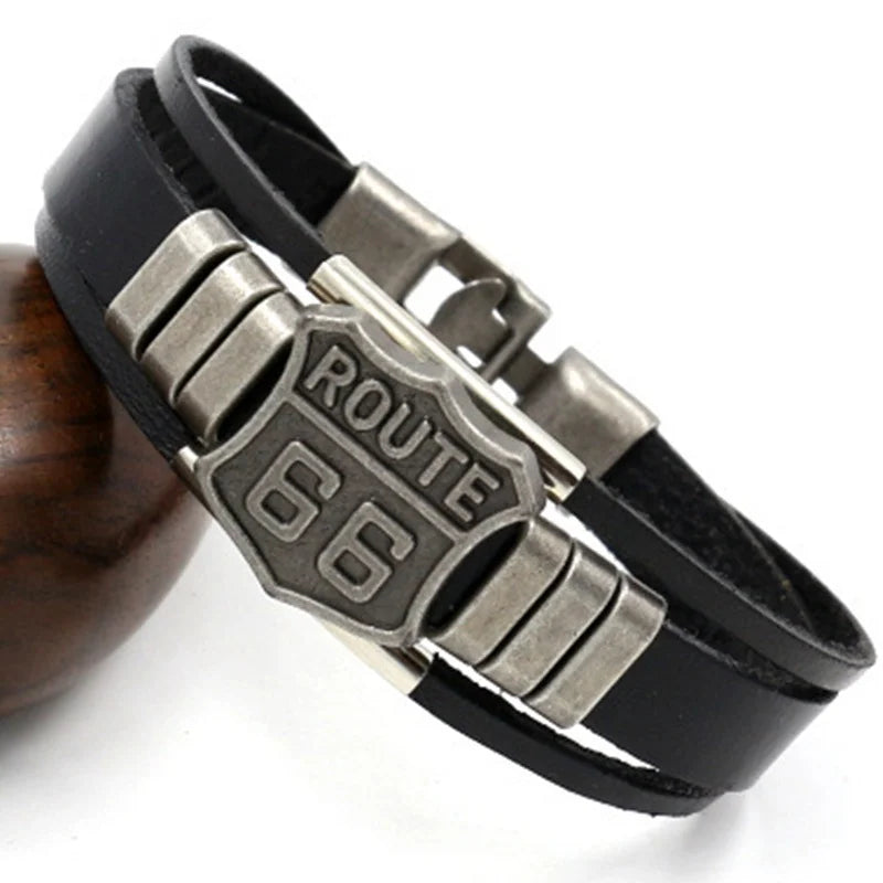 Neues trendiges amerikanisches Route 66-Armband mit bedrucktem Muster, Herrenarmband, Metall, mehrschichtiges Lederarmband, Zubehör, Party-Schmuck