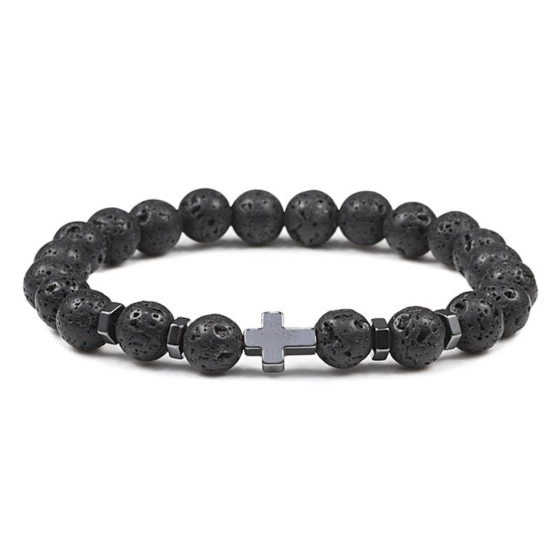 Gebet Männer Naturstein Holz Perlen Rosenkranz Hämatit Kreuz Armbänder Onyx Meditation Armband Frauen Yoga Schmuck Homme Pulsera