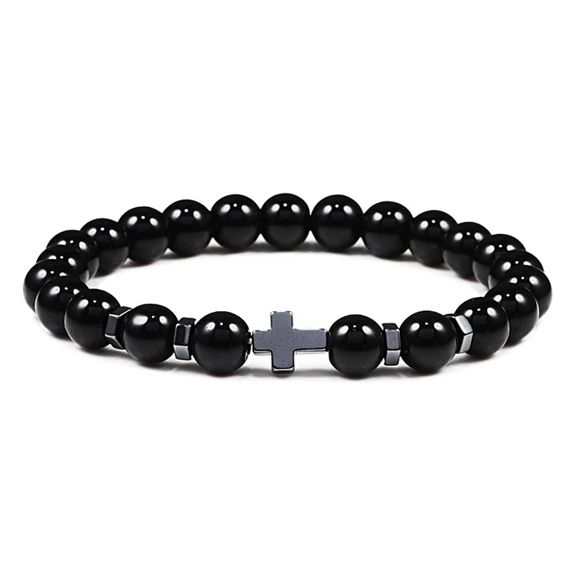 Gebet Männer Naturstein Holz Perlen Rosenkranz Hämatit Kreuz Armbänder Onyx Meditation Armband Frauen Yoga Schmuck Homme Pulsera