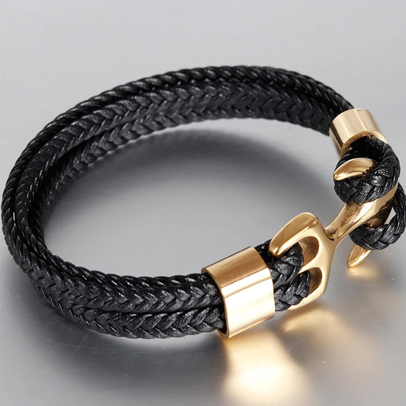 Punk Edelstahl Anker Armbänder Echtes Leder Armband & Armreifen für Männer Schmuck Schwarz Farbe Mode Geschenk