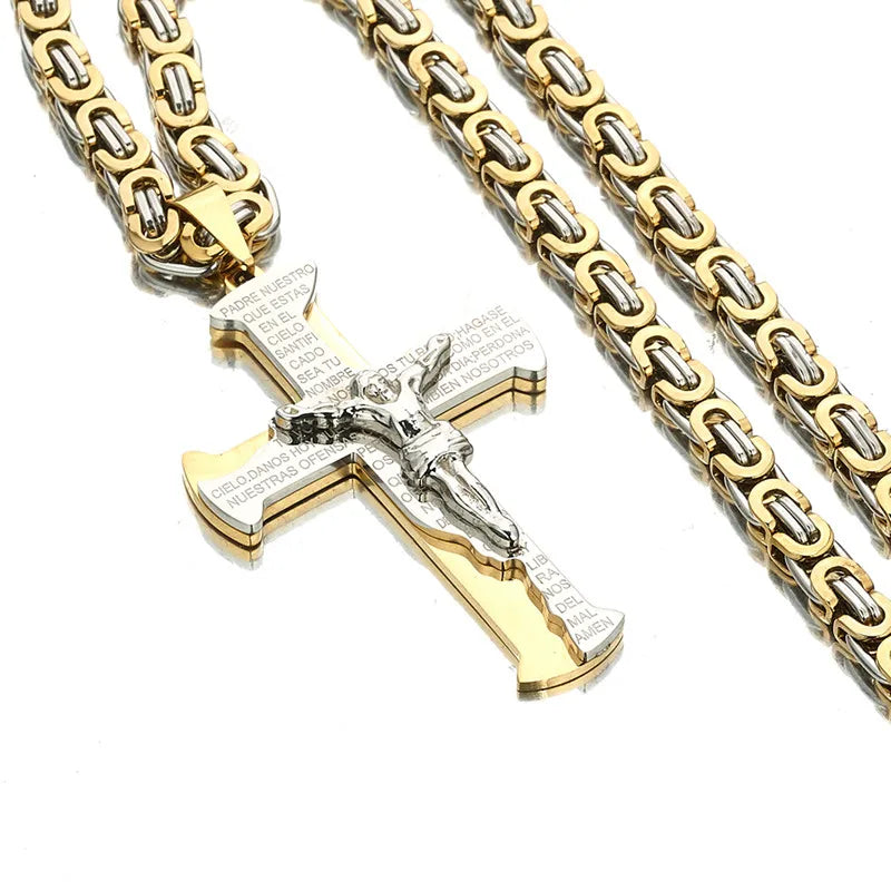 Jesus Kreuzigung Kreuz Anhänger Halskette für Männer Frauen Gold Silber Schwarz Farbe Edelstahl Byzanine Kette