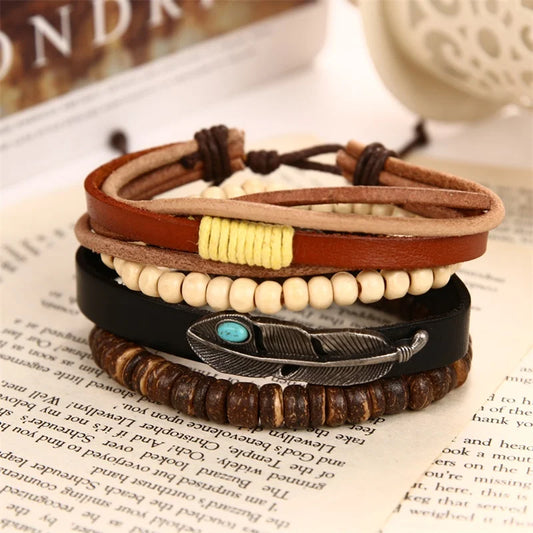 IFMIA Vintage Multi-Schicht Blatt Leder Armbänder für Männer Mode Handgemachte Holz Perlen Geflochtene Wrap Armband Schmuck Geschenk 2019 neue