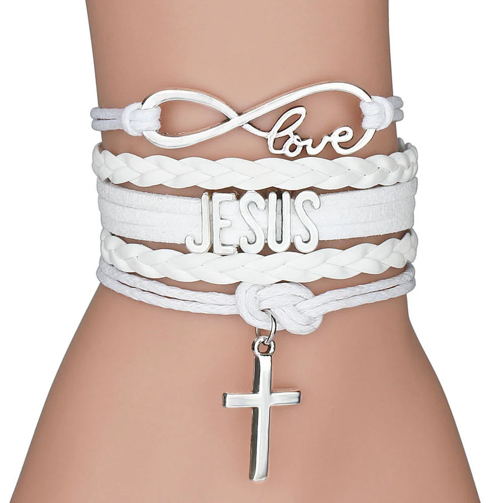 Mehrschichtiges Lederarmband „Jesus Loves Letter“, mehrschichtiges Wickelkreuz, christliche Lederarmbänder für Männer und Frauen, klassischer Schmuck