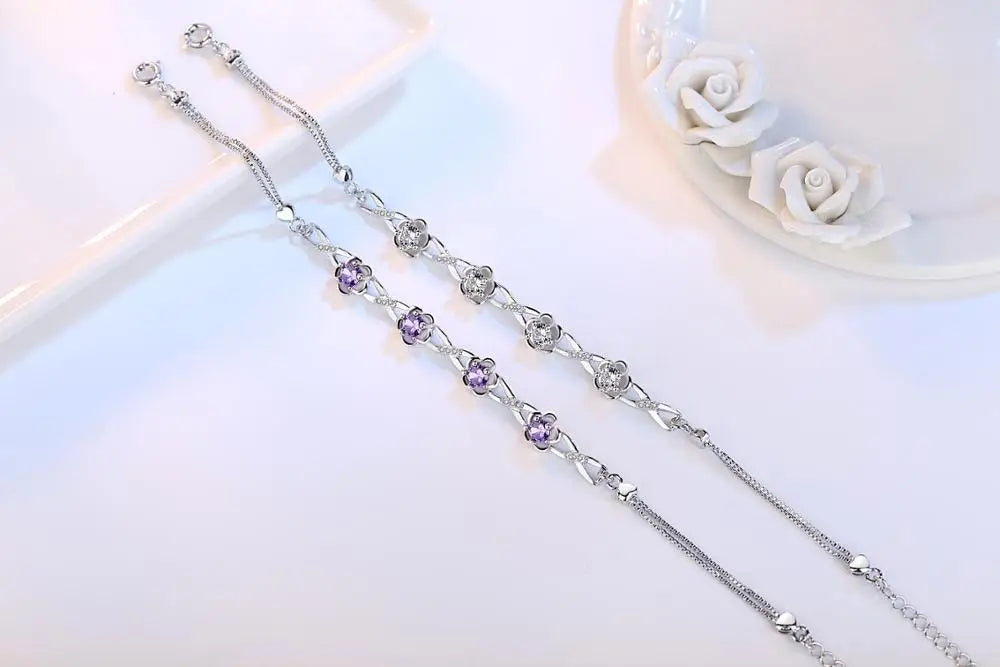 Luxuriöse Armbänder aus 925er-Sterlingsilber, violett, weißer Zirkonia, Pflaumenblüten-Armbänder und Armreifen für Frauen, Pulseira de Prata S-B51