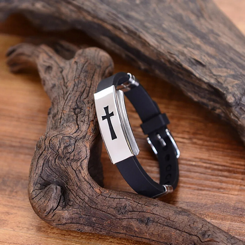 1pc Silikon Schnalle Armbänder Armreif Mode coole Armband Schmuck Damen Herren Kreuz Edelstahl christlichen religiösen Amulett