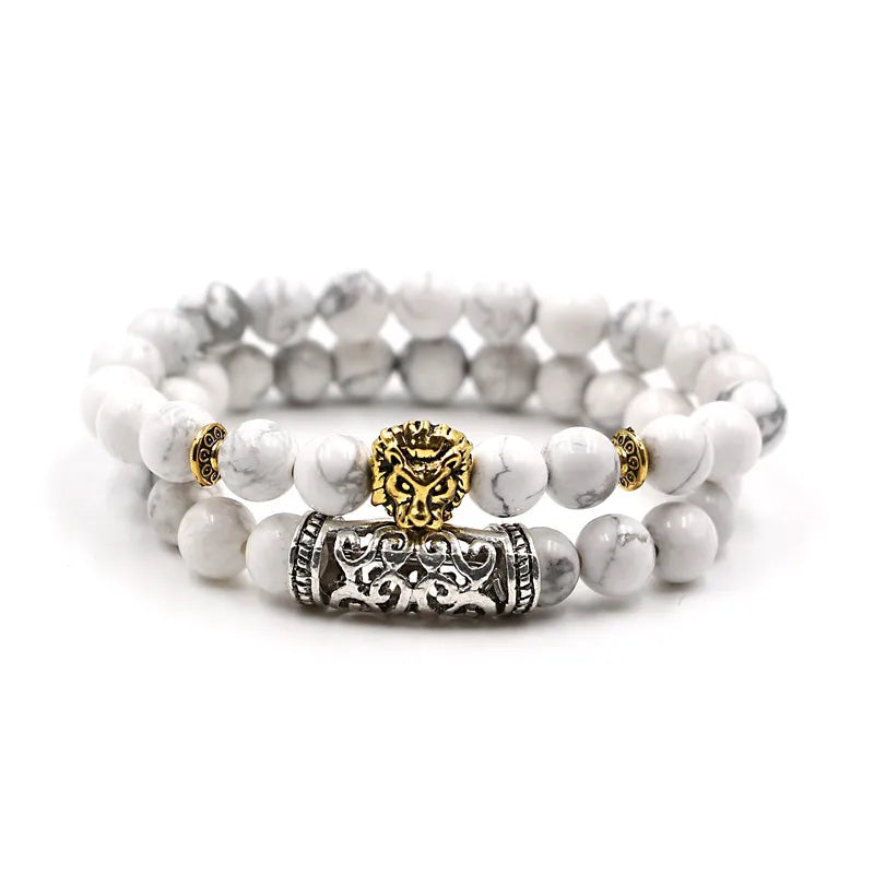 MKENDN Hot 2 Stück/Set Antiker Buddha Löwe Löwenkopf Charm mit Lava Onyx Naturstein Perlen Armband Set Packung für Männer Frauen