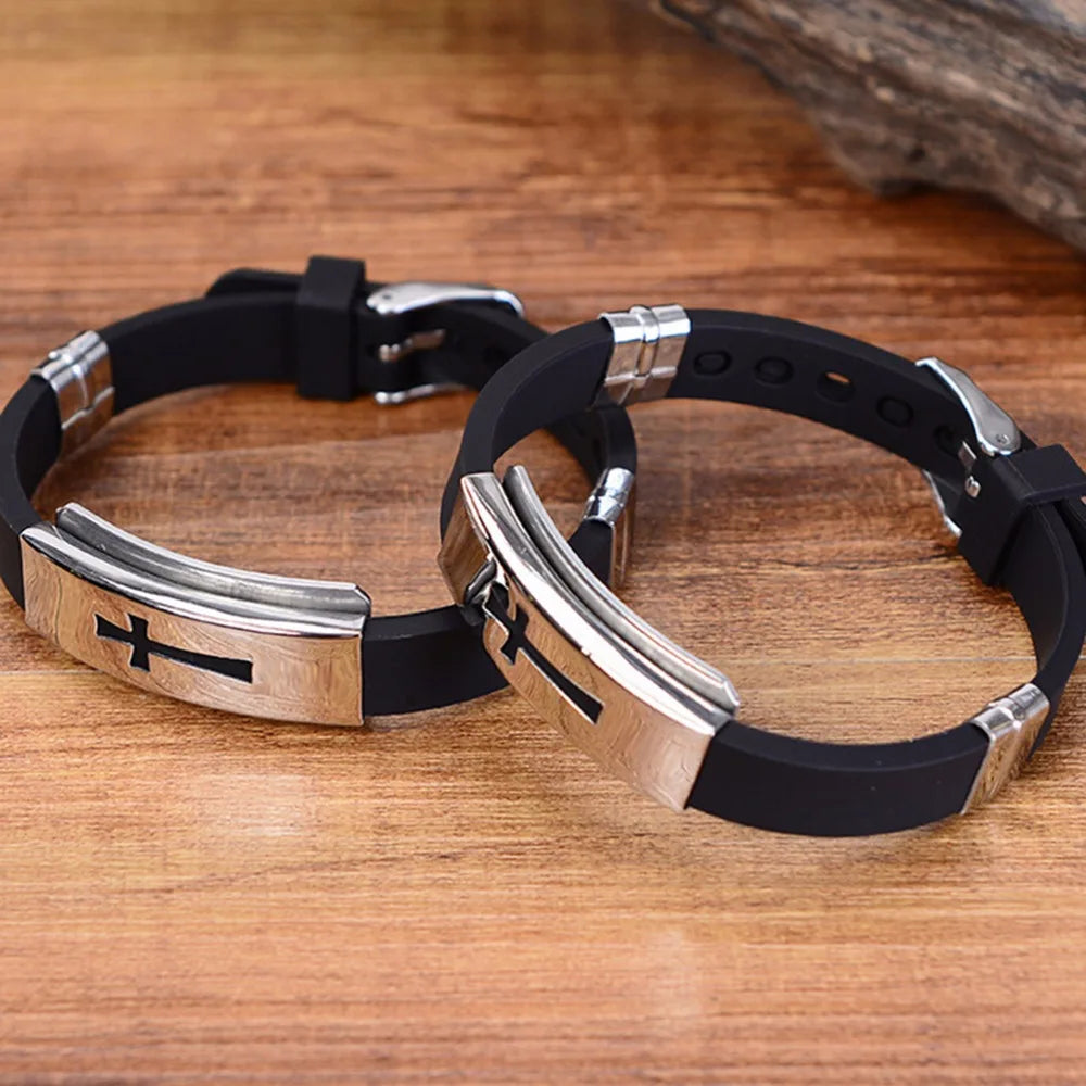 1pc Silikon Schnalle Armbänder Armreif Mode coole Armband Schmuck Damen Herren Kreuz Edelstahl christlichen religiösen Amulett