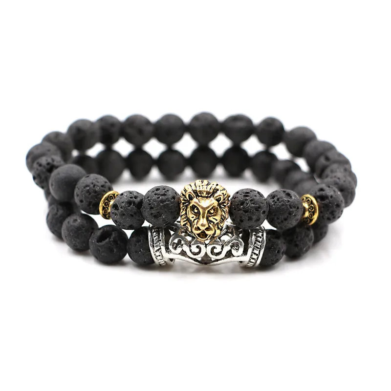 MKENDN Hot 2 Stück/Set Antiker Buddha Löwe Löwenkopf Charm mit Lava Onyx Naturstein Perlen Armband Set Packung für Männer Frauen