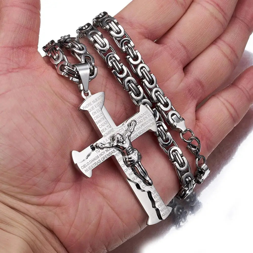 Jesus Kreuzigung Kreuz Anhänger Halskette für Männer Frauen Gold Silber Schwarz Farbe Edelstahl Byzanine Kette