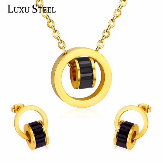 LUXUSTEE Schmuck Sets Edelstahl Aushöhlen Runde Anhänger Mit Schwimm Charme Schwarz Kristall Halskette Ohrring Sets Bijoux