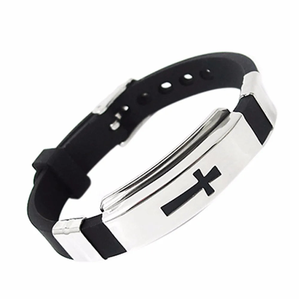 1pc Silikon Schnalle Armbänder Armreif Mode coole Armband Schmuck Damen Herren Kreuz Edelstahl christlichen religiösen Amulett