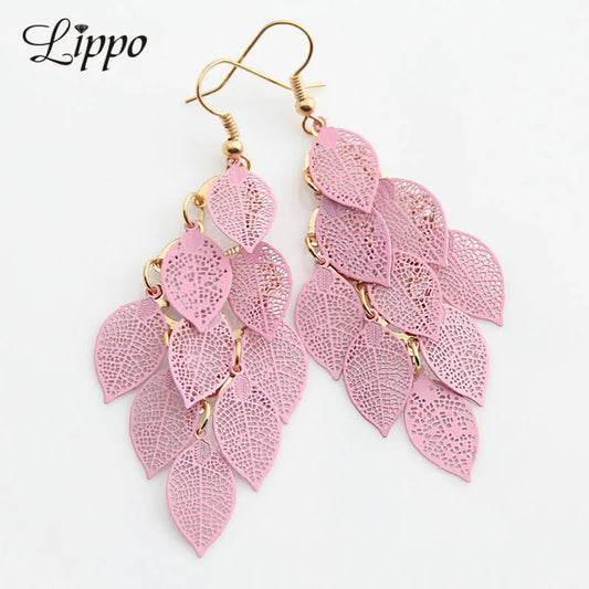 Kupfer Filigrane Blätter Ohrring Rosa Weiße Blatt Quaste Dorp Ohrringe Lange Baumeln Ohrring für Mädchen und Frauen